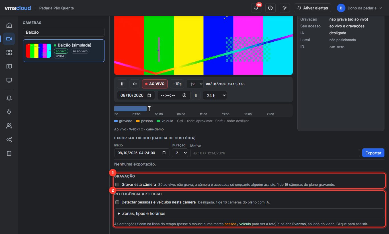 Seções Gravação e Inteligência artificial abaixo do vídeo