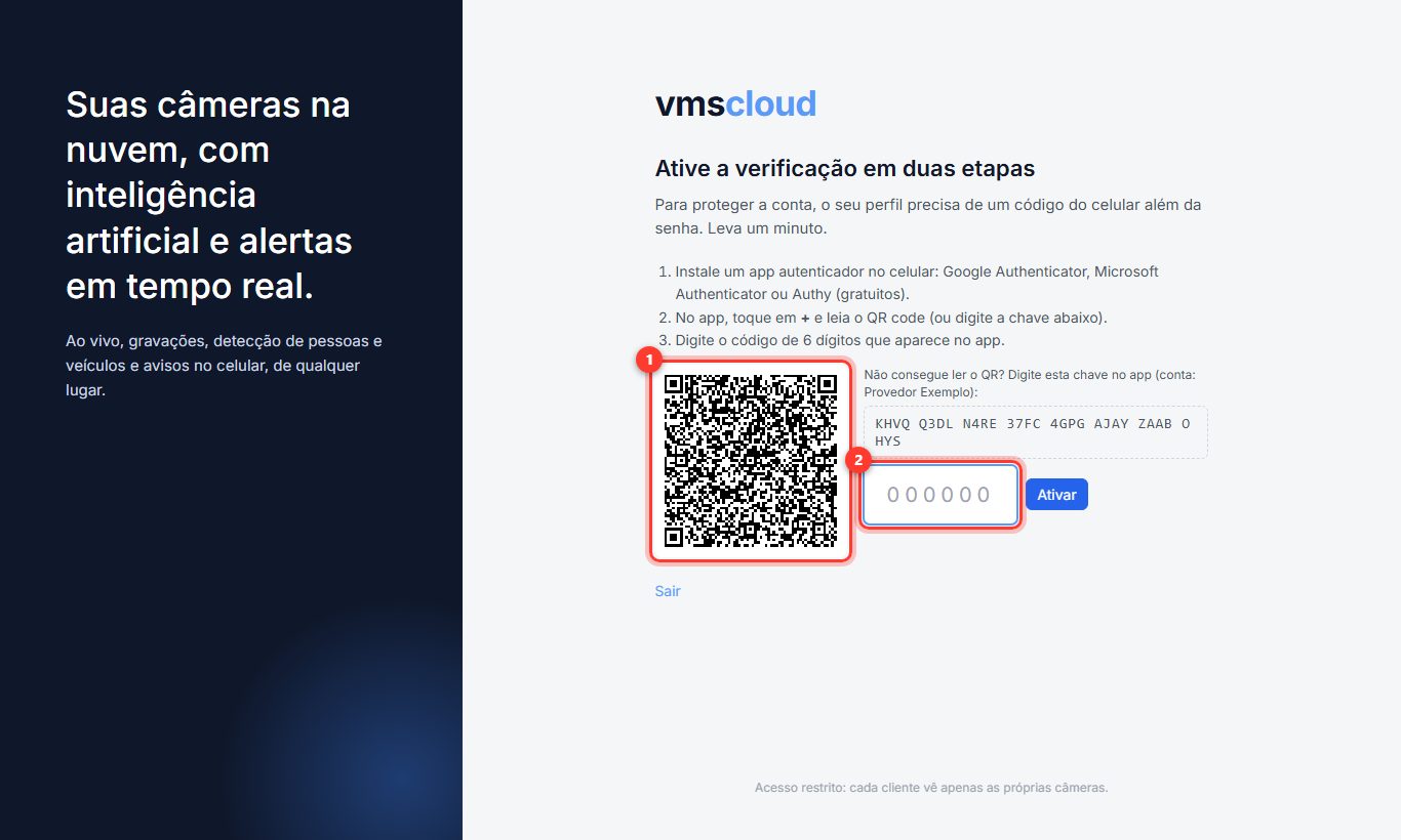 Tela Ative a verificação em duas etapas com QR code e campo do código