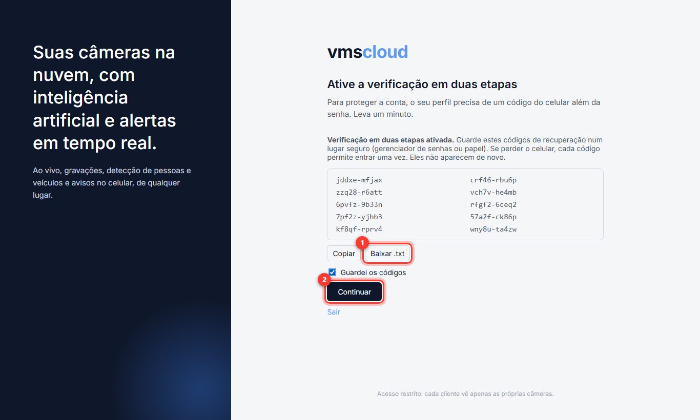 Lista de dez códigos de recuperação com os botões Baixar e Continuar destacados