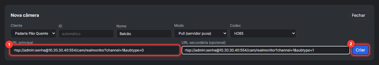 Formulário Nova câmera com URL RTSP principal e secundária