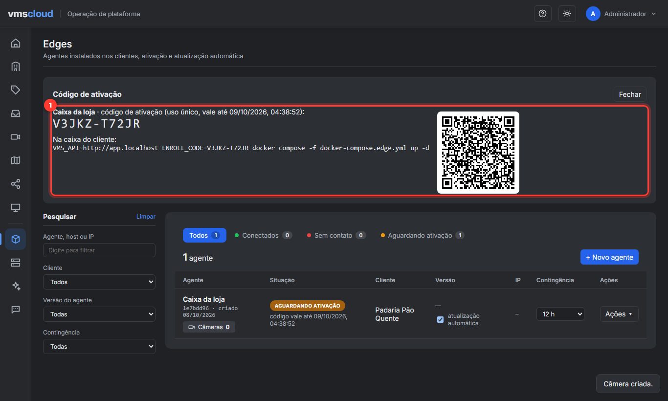 Página Edges com código de ativação, comando e QR code