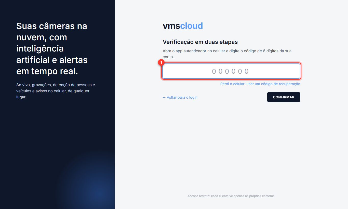 Tela Verificação em duas etapas pedindo o código de 6 dígitos