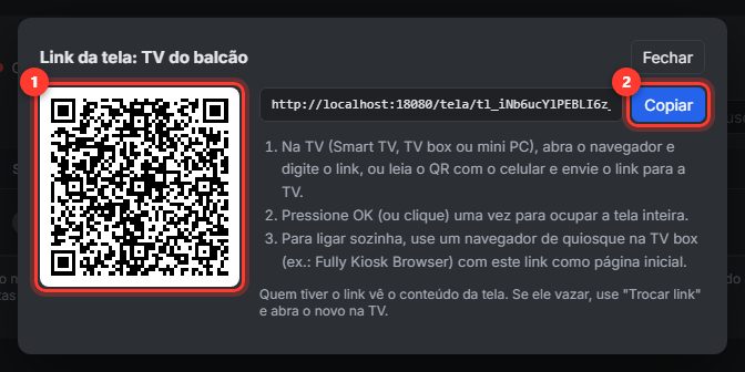 Janela Link da tela com QR code e botão Copiar