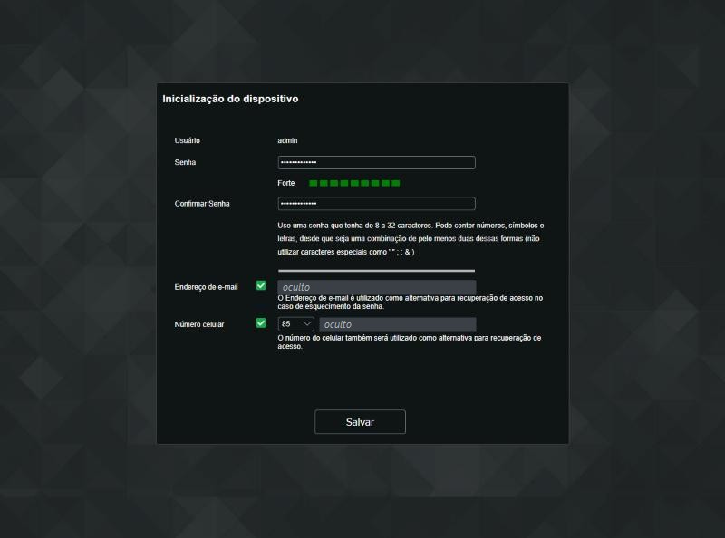 Inicialização preenchida com senha forte; e-mail e celular ocultos