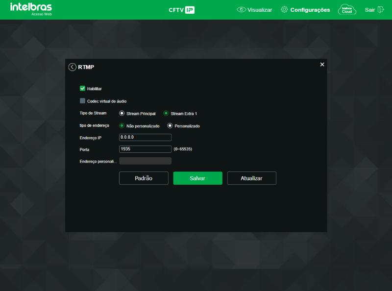 RTMP no Extra 1 com endereço apagado e Não personalizado